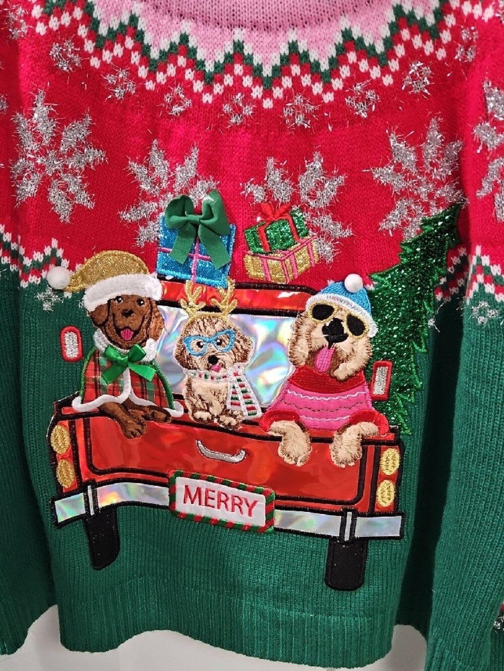 Holiday Time Green, Pink and Red Crewneck Sweater with Festive Dog Truck - Picture 2 of 4